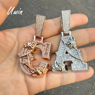UWIN Custom Bold Letter Pendant Rose Flower Deco Initial Rich Shine Baguette CZ Stone Precision Design Name Pendant