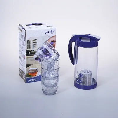 Plastic Jug and Glass Set Cold Drink Dispenser Transparent Pitcher with Tea Infuser and 4 Drink Cups Carafe Plastique 1.6L
