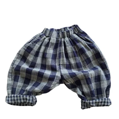 Double Layer Cotton Retro Blue Plaid Pants Spring and Autumn Children's Korean Children's Clothing Boys and Girls' Personalized