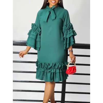 2026 Summer and Autumn New Fashion Casual Style Lotus Leaf Edge Bell Sleeve Plus Size Dress