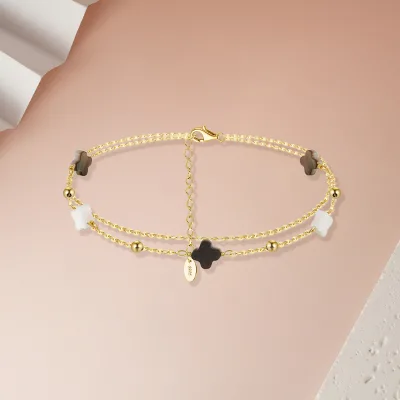 Wholesale Girl's Party Summer 925 Sterling Silver Multi Stone White Shell & Black Onyx Chain Charm Anklets for Women