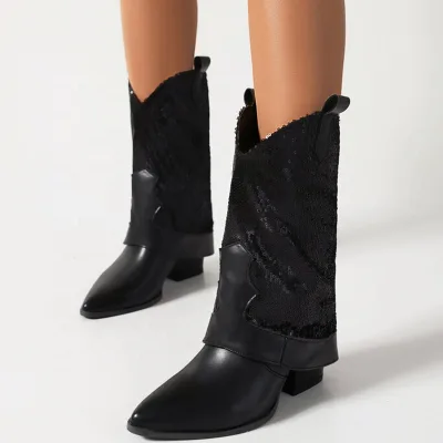 Super Women's Large Size 48 Overlay Ankle Booty Ladies Pointed Toe Folded Low Square Heel Shoes Bling Glitter Short Booties