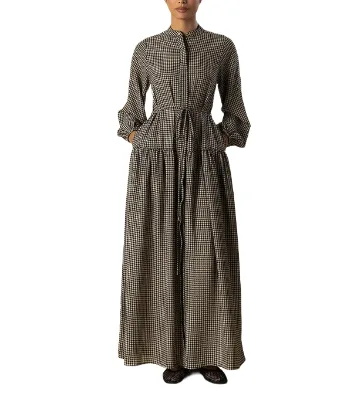 Custom MOQ50 Pcs Abaya Manufacturers Black Gingham Drawstring-Waist Modest Maxi Dress OEM/OEM Service Supplier