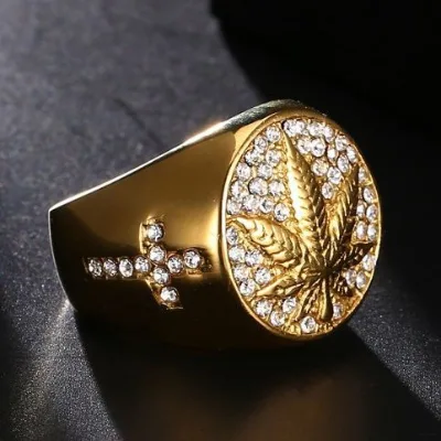 Europe United States Cross-border New Hip-hop Original Design Stainless Steel Gold Plated Maple Leaf Cross Ring INS Ring tide