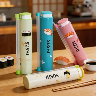 Multi Sushi Pattern Plastic Tube Container Colorful Plastic Lid Disposable Sushi Takeout Packaging Box