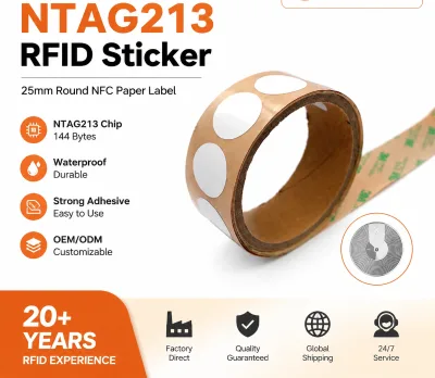 Ready to Ship NTAG213 Factory Price Waterproof Round Small Rfid Chip 25mm Round Shape Roll NFC Paper Label Rfid Tag Sticker