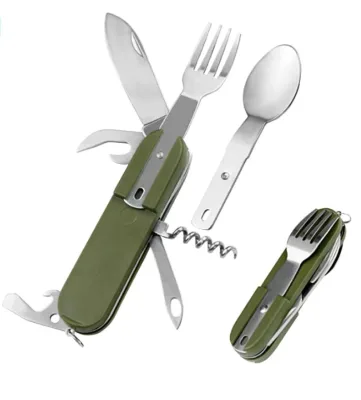 Camping Accessories Gift Army Green Multi Folding Tableware Spoon and Fork Cutlery Set Stainless Steel