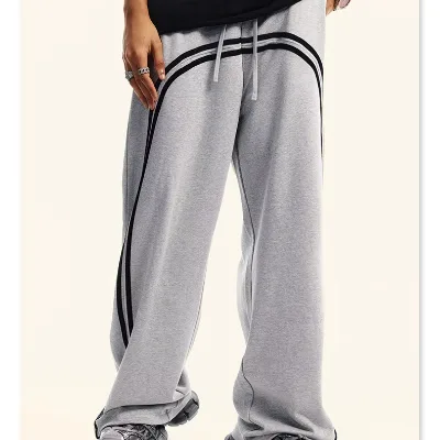 Custom High Quality Acid Washed French Terry Sweatpants Streetwear Stripe Zipper Bottom Wide Straight Leg Sweatpants