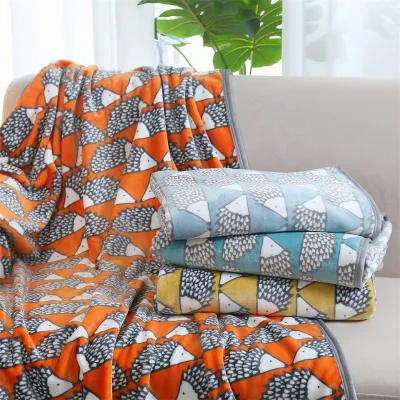 FY 380g Edge Wrapped Hedgehog Leaves Flannel Blanket Star Colored Blocks Print for Sofa Multiple Colors