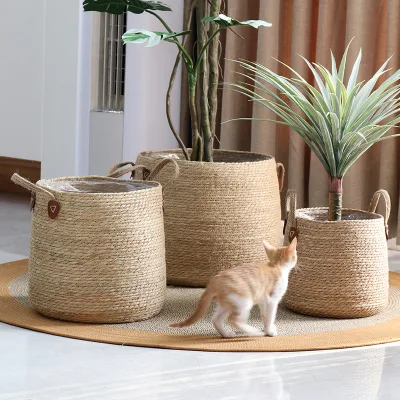 Handmade Large Straw and Cotton Rope Woven Storage Basket Natural Seagrass Plant Basket