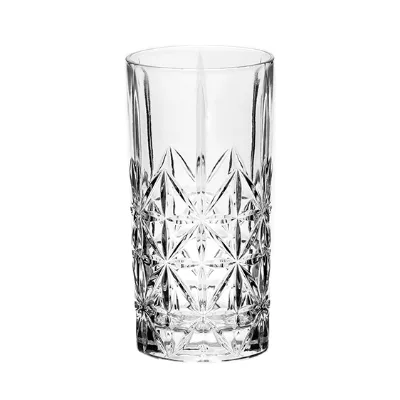 Vintage Starburst Diamond Cut Highball Glass, Tall Clear Crystal Tumbler with Classic Radiant Facets