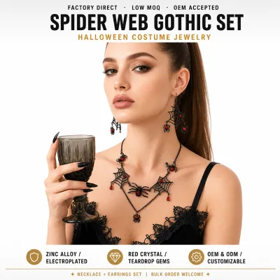 Spider Web Jewelry Set Gothic Halloween Zinc Alloy Red Crystal Women Punk Fashion Jewelry