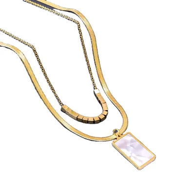 Natural Shell Square Pendant Gold Necklace Jewelry 316l Stainless Steel Layered Collar Necklace