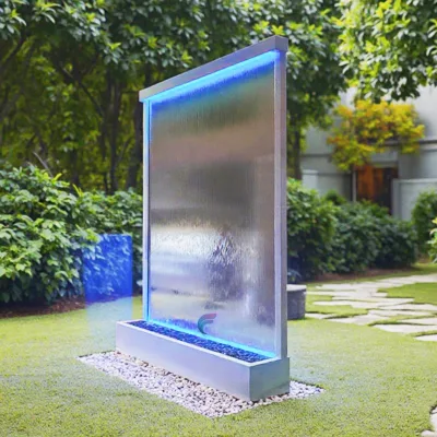 Outdoor Stainless Steel Glass Floor Standing Waterfall Fountain Water Feature Mirror RGB LED Lighting Modern Luxury Design