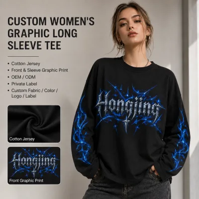 Custom Women's Oversized Graphic Long Sleeve T Shirt Cotton Jersey Crew Neck Printed Tee