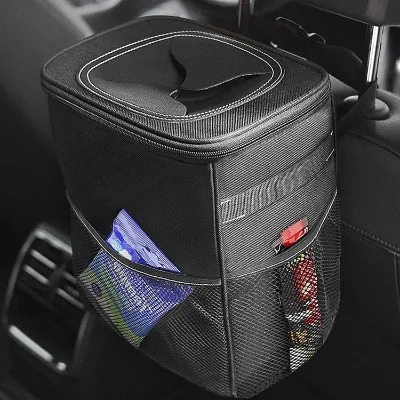 Portable Car Trash Can Bin with Lid and Storage Pockets , 100% Leak-Proof Car Dustbin Garbage Can Multipurpose Trash Can for Car