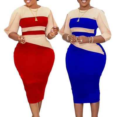 Womens Wrap Dresses Color Block Sheath Wedding Gown Career Outfits African Ladies Office Wear Ankara Skirt Pencil Dress