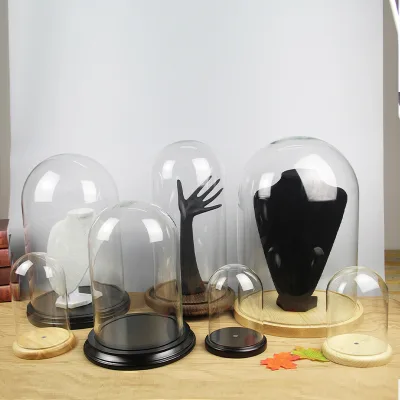 Glass Cover Dome With Wood Base Display Glass Candle Cloche New Pattern Decorative Preserved Rose Glass Dome Bell Jar