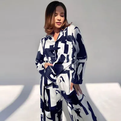 Autumn Women's Casual Night Pajamas Combo Knitted Printed Cardigan Thermal Breathable Quick-Dry Polyester for Couples Plus Size
