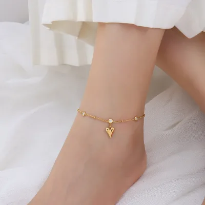 Gfashion Adjustable Anklet with Shiny Stone Heart Pendant Gold Plated Waterproof Foot Bracelets Wholesale Foot Jewelry for Gifts