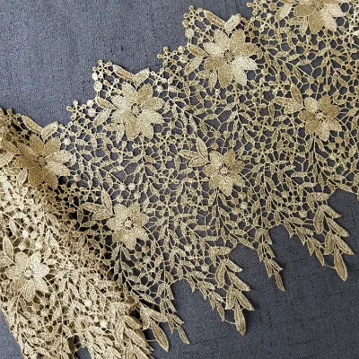 Eco-Friendly White Hollowed Golden Flower Water Soluble Embroidery Lace Trim for Garment Wedding Dress Evening Gown