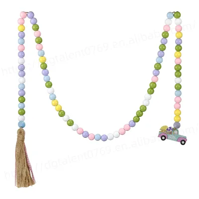 Tailai Easter Wood Bead Garland with Tassels Farmhouse Rustic Spring Beads Garland Decorative Ornament