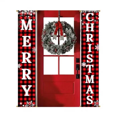 Christmas Porch Sign Set Red Black Buffalo Plaid Fabric 71x13" Fade Resistant Foldable for Outdoor/Indoor Use