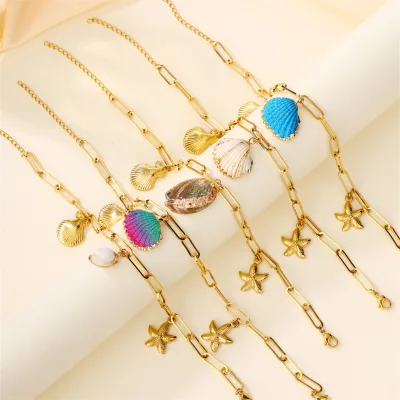 Wholesale Square Paperclip Chain Ocean Style Shell Starfish Anklets Blue Fashion Jewelry Stainless Steel Anklets Women