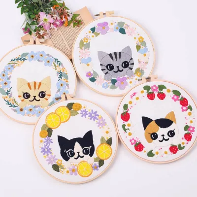 Cross Stitch Kits With Flower Cat Pattern,Embroidery Starter Set,Stamped Embroidery Kits for Aduls Beginner