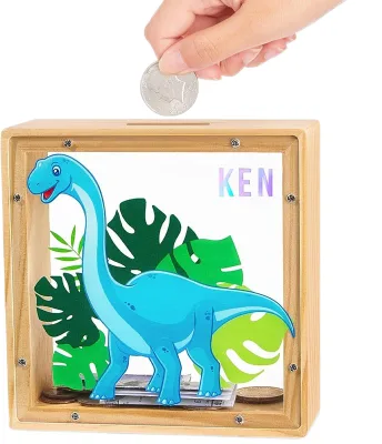Popular Little Dinosaur Wooden Piggy Bank for Children for Money Saving New Year & Birthday Gift for Babies