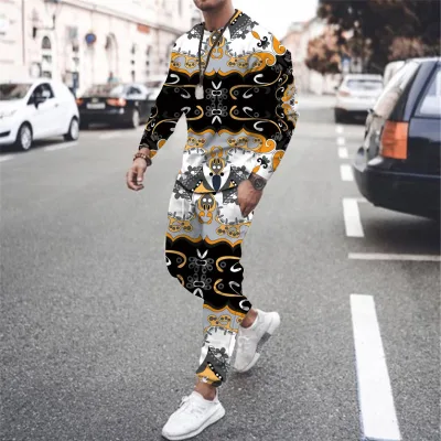 Retro Trendy 3D Printed Breathable 2-in-1 Sports Sweatshirt & Trousers Men's Button up Collar Casual Street
