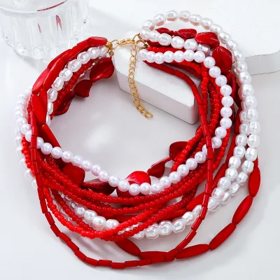 2024 Bohemian Ethnic Style Cross Border Imitation Pearl Collar Choker Necklace Fashion Link Wholesale Multilayered Made Alloy