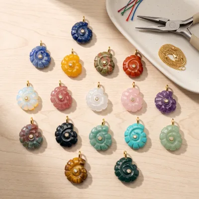 Natural Stone Shell Pendant Multicolor Carved Conch Spiral Gemstone Gold Plated Zircon Charm Jewelry Making DIY Gift
