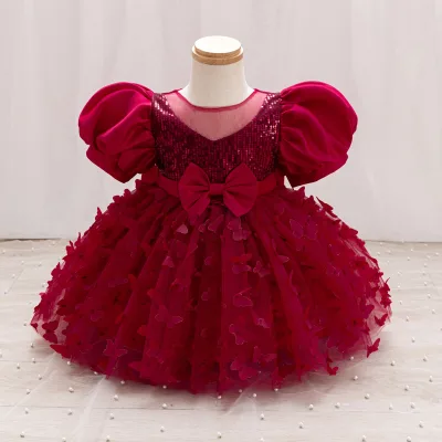 Boutique Kids Girls' Princess Cartoon Layered Cotton Blend Mesh O-neck Three-dimensional Butterfly ODM Dress Big Bowknot
