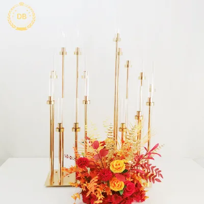 Hot Sell 8 Arms Acrylic Tube Table Decoration Metal Gold Wedding Candelabra Centerpiece