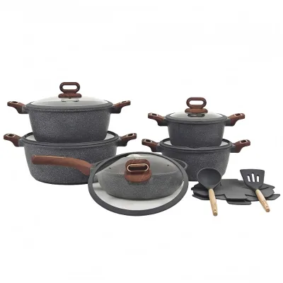 Retail Price 15 Piece Non Stick Removable Handles Kitchenware Granite Cookware Set for Induction Cookers