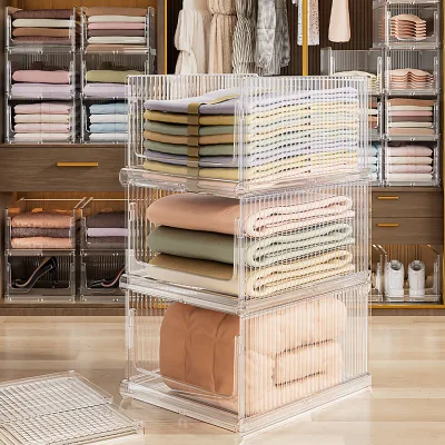 Household Folding Clothes Storage Box Transparent Wardrobe Layering Storage Basket Cabinet Clothes Storage Basket