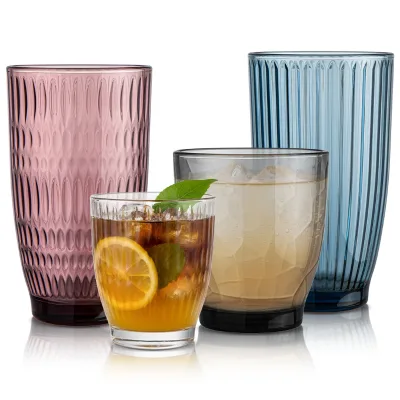 Vintage Colored Tempered Glass Embossed Drinks Cups Clear Highball Juice Glasses for Wedding