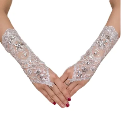 Bridal Gloves SAILING SL-HTC190 Elegant Short White Lace Rhinestone Women's Fingerless 100% Polyester Wedding Accessories