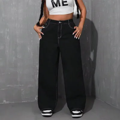 Women's Y2K Black Loose Waist Jeans, Spring and Summer Casual Vacation Country Boho Wear Fall Winter Denim Fabrics