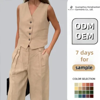 Custom Logo Summer 2 Two Piece Loungewear Women Suits Knit Outfit Set for Women Clothing Pants and Top Outfit Linen Women Sets