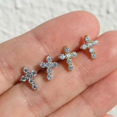 Unisex Factory Wholesale 925 Silver Faith Jewelry Party Wear Pass diamond test Gra Sparkle Cross Full Moissanite Stud Earrings