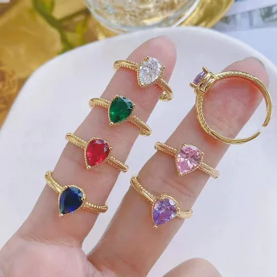 Gold Plated Brass Open Ring with Pear Shaped Zircon Micro Inlay Perfect Birthday Gift Jewelry