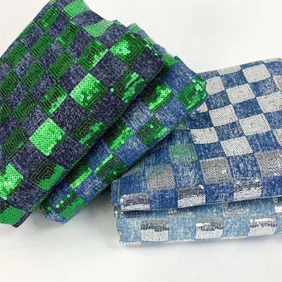 High Quality Beautiful Checkerboard Sequins Embroidery Polyester/Cotton Denim Fabric Used for Fashion Clothes Coat