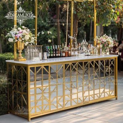 Carved Gold Frame Glass Top LED Light Bar Counter Elegant Acrylic Event Bar Tables
