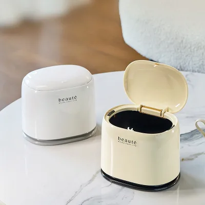 Custom Logo Designed Cream Color Press Open Desktop Trash Bin Anti-Odor Small Tabletop Waste Basket for Household Counter