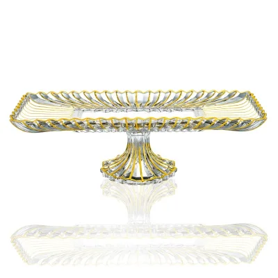 Luxury Elegant Crystal Glass Cake Plate Stand Tray Rectangle Glass Gold Cake Platter for Weddings