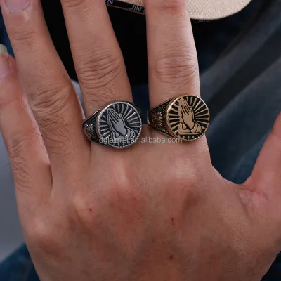 Custom  Christian Faith Stainless Steel Silver Gold Plated Praying Hands Ring for Men Women