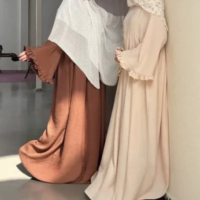Pure Color Crepe Fabric 2 Size Loose Style Lantern Sleeve O Neck Eid Party Events Arabian Women Abaya