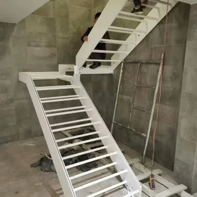 American Duplex Apartment Steel Plate Stair European Beech Solid Wood Step Tempered Glass Guardrail Steel Tray Staircase